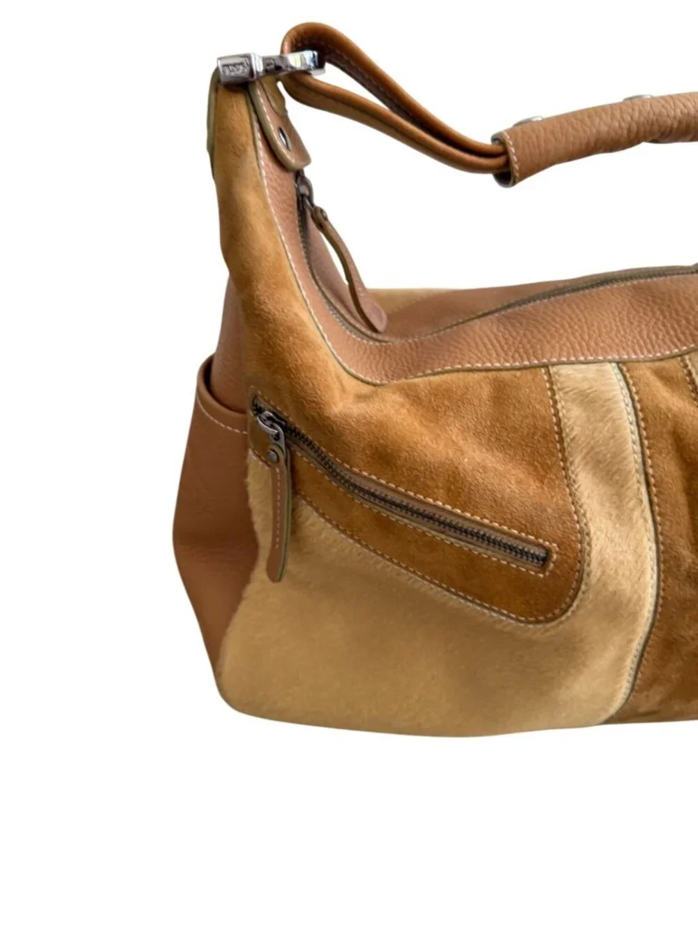 TODS Tan Suede Calf Hair Leather Top Shoulder Bag